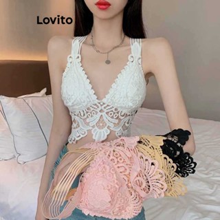 Lovito Sutiã Bralette Sem Costas com Renda e Amarração Cruzada para Mulheres LNA17246 (Branco/Amarelo/Preto)
