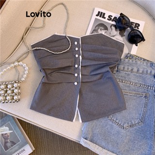 Lovito Regata Feminina Casual Lisa Com Ombro Frio E Botão Dividido Na Frente LNE38006 (Cinza)
