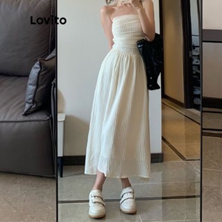 Lovito Casual Vestido Feminino Liso Franzido de Festa LNE07145 (Branco)