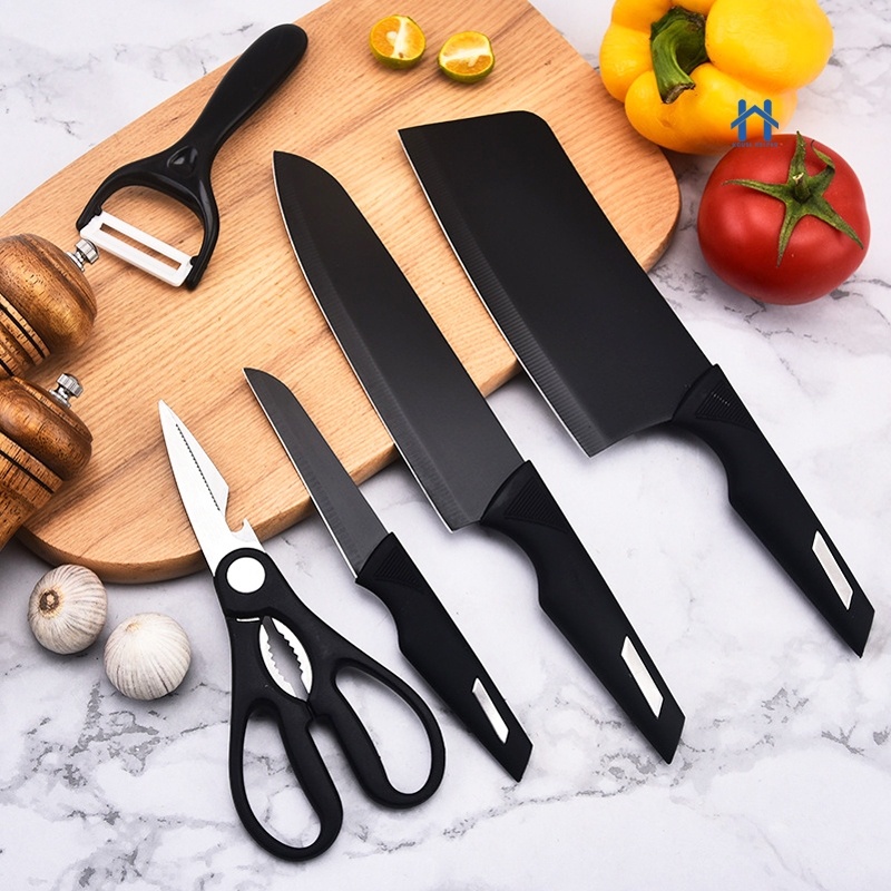 Kit Jogo De Faca Com 5 Peças Inox De Cozinha Com Descascador E Tesoura Colorido HH UTILIDADES