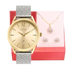 Relógio Feminino Condor Analógico Dourado e Prata Original + Conjunto Colar e Brinco COPC21JLVK4X Relógio De Pulso