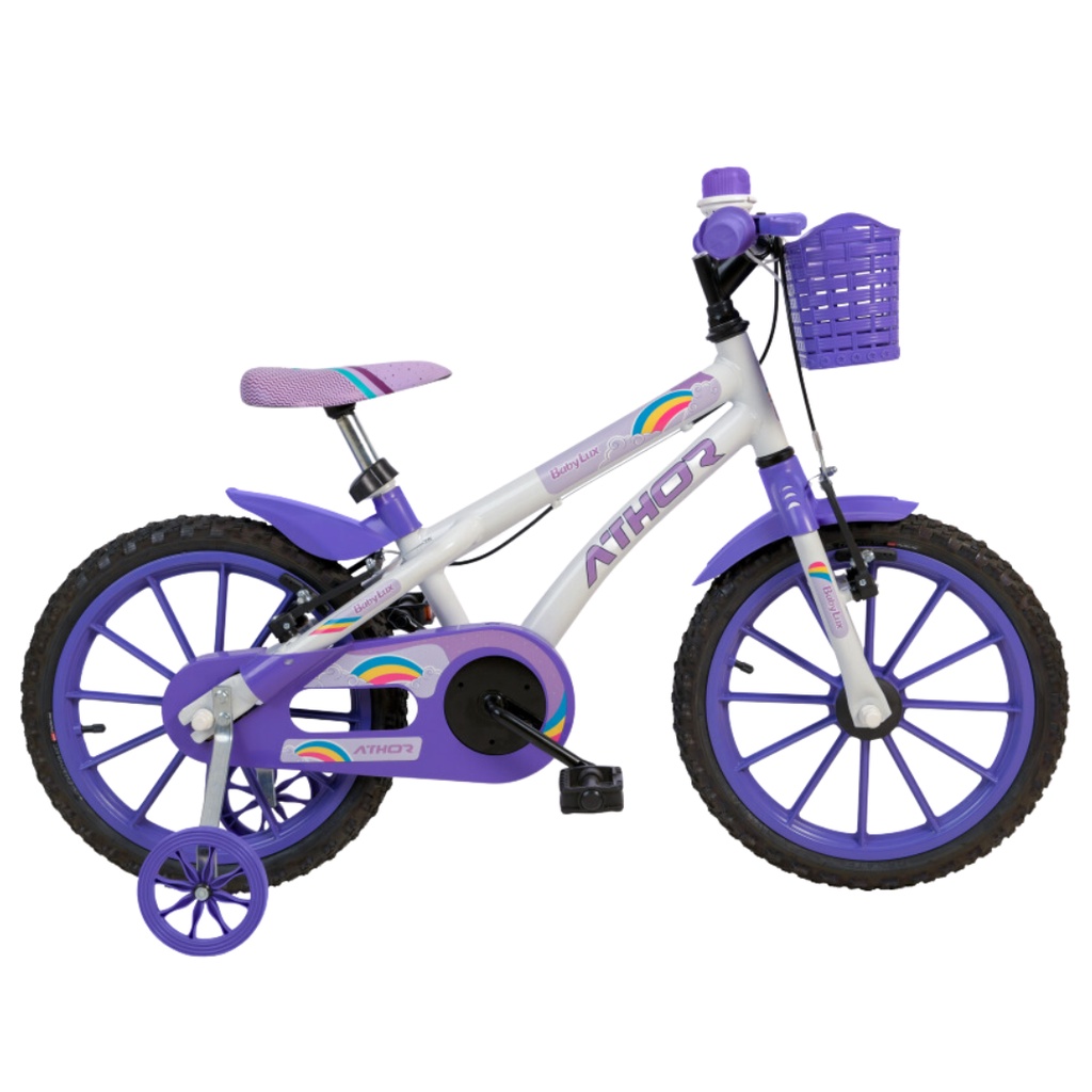 Bicicleta Infantil Aro 16 Feminina Athor Baby Lux Violeta Aco-Ìris Com Cesta/Buzina 3 a 6 Anos 93cm a 123cm Altura