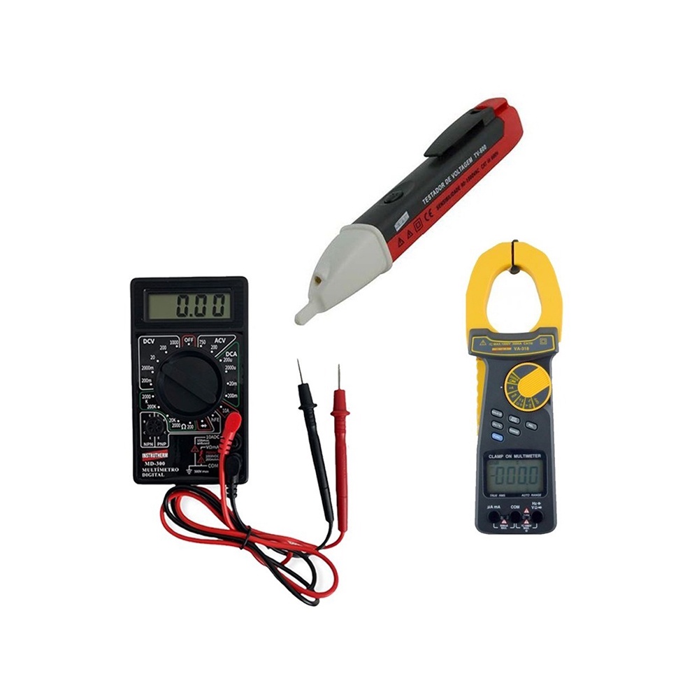 Kit Alicate Amperímetro Corrente Resistência Continuidade Multímetro Md-300 Detector Tensão Tv-600