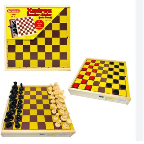 Xadrez e Dama Carimbras - Jogo Educativo Madeira Infantil e Adulto - Clássico Dupla Face tabuleiro