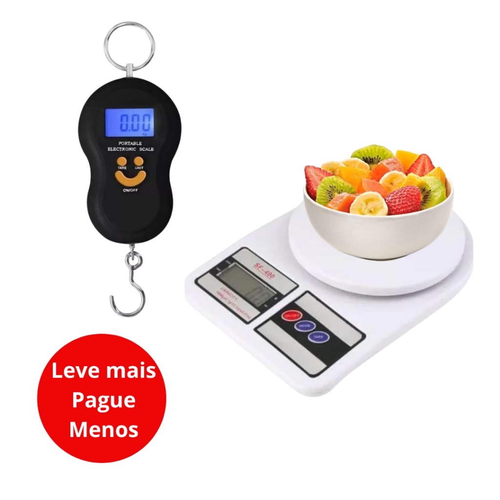 Kit Balança de Cozinha 10kg + Balança de Viagem e Pesca 50kg