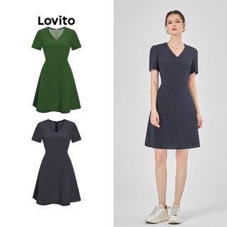 Lovito Casual Vestido Feminino de Bolinhas com Bainha de Babados L68ED345 (Azul Escuro)