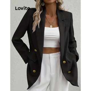 Lovito Blazer Elegante Liso Com Botão Duplo Para Mulheres LNE31112 (Branco/Preto)