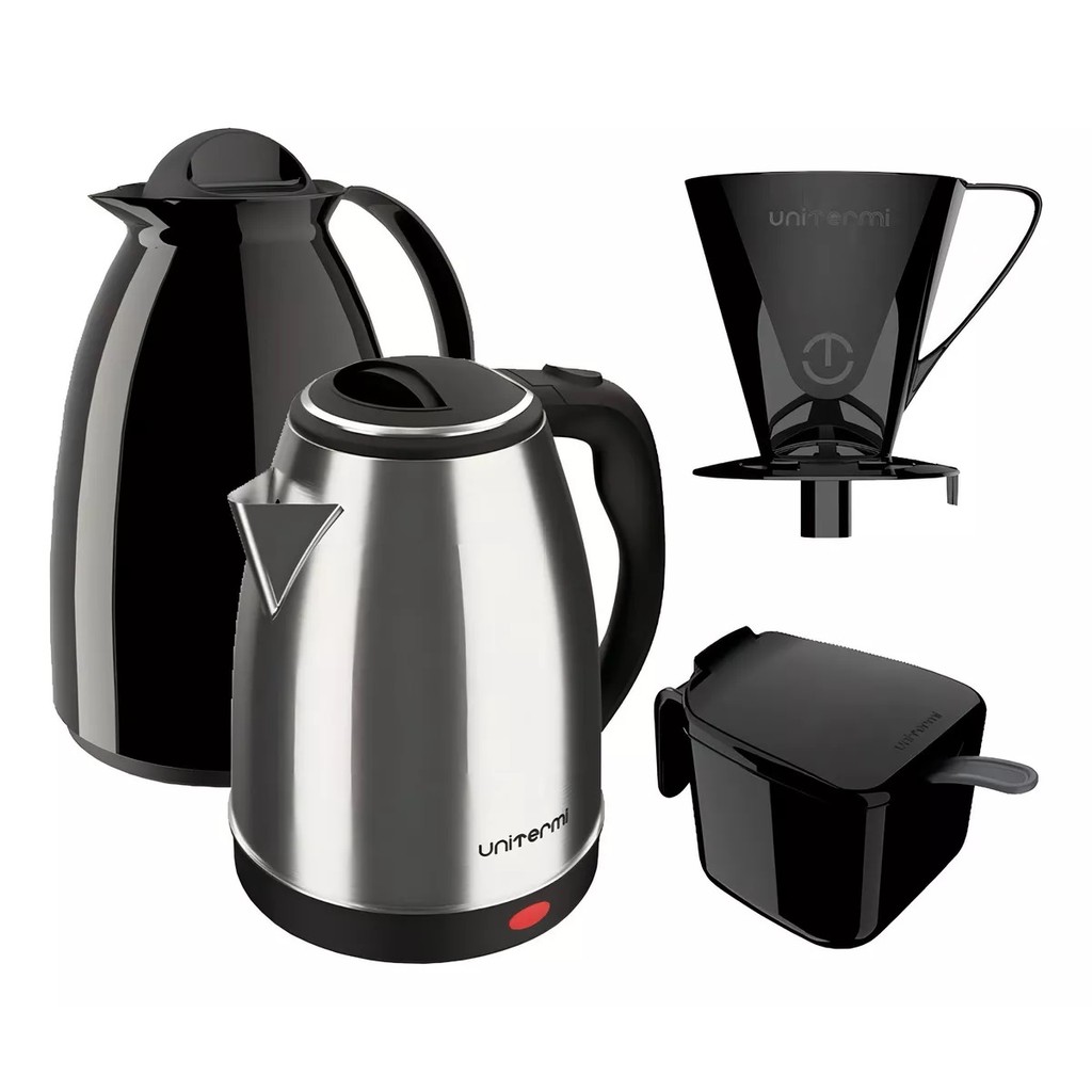 Kit 1 Chaleira Jarra Elétrica 1,8L 1 Garrafa Térmica Inox 1l Cor Florença-preto 1l