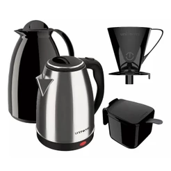 Kit 1 Chaleira Jarra Elétrica 1,8L 1 Garrafa Térmica Inox 1l Cor Florença-preto 1l