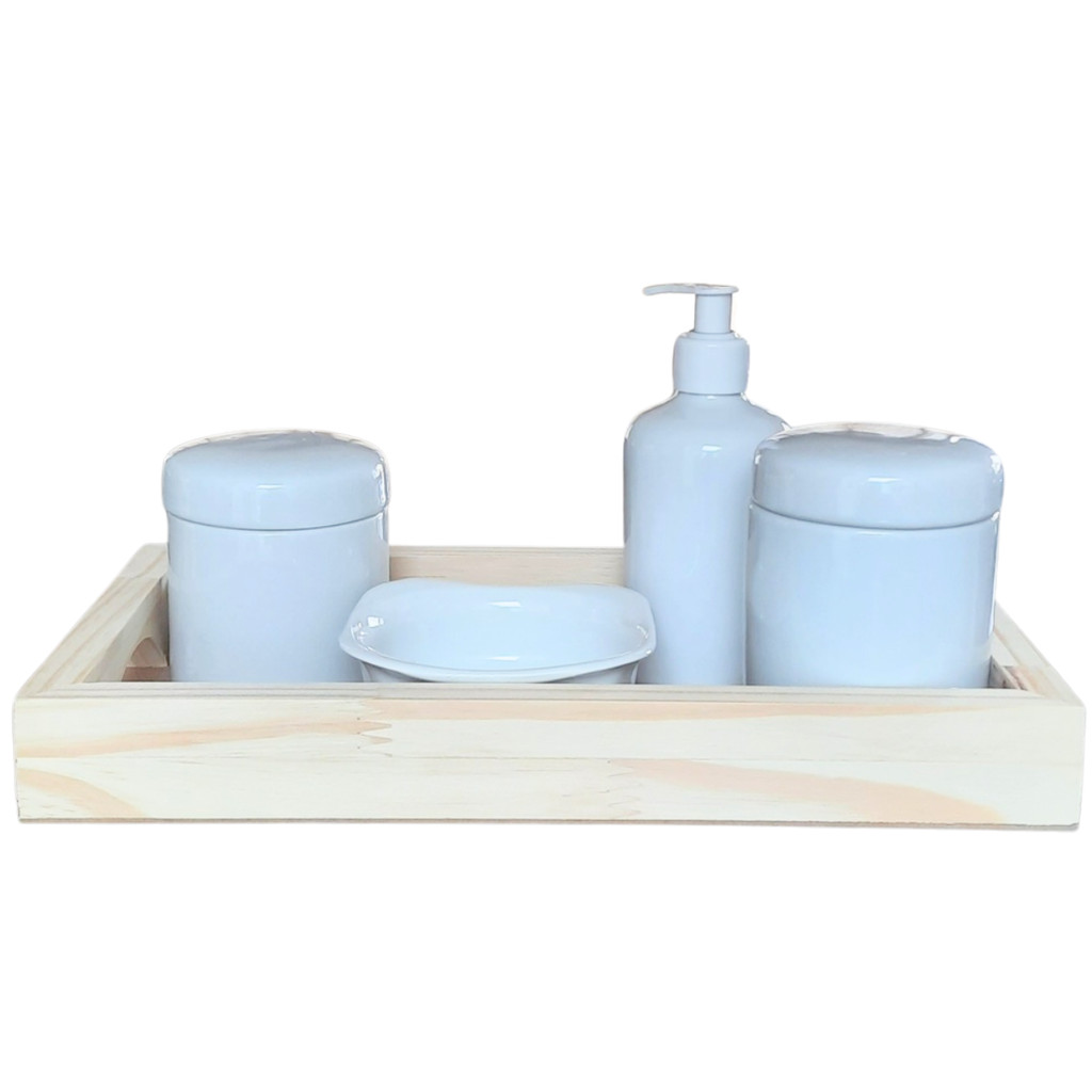 Kit higiene bebê 5 peças - Bandeja, potes, porta álcool e molhadeira -Peças porcelana bandeja pinus
