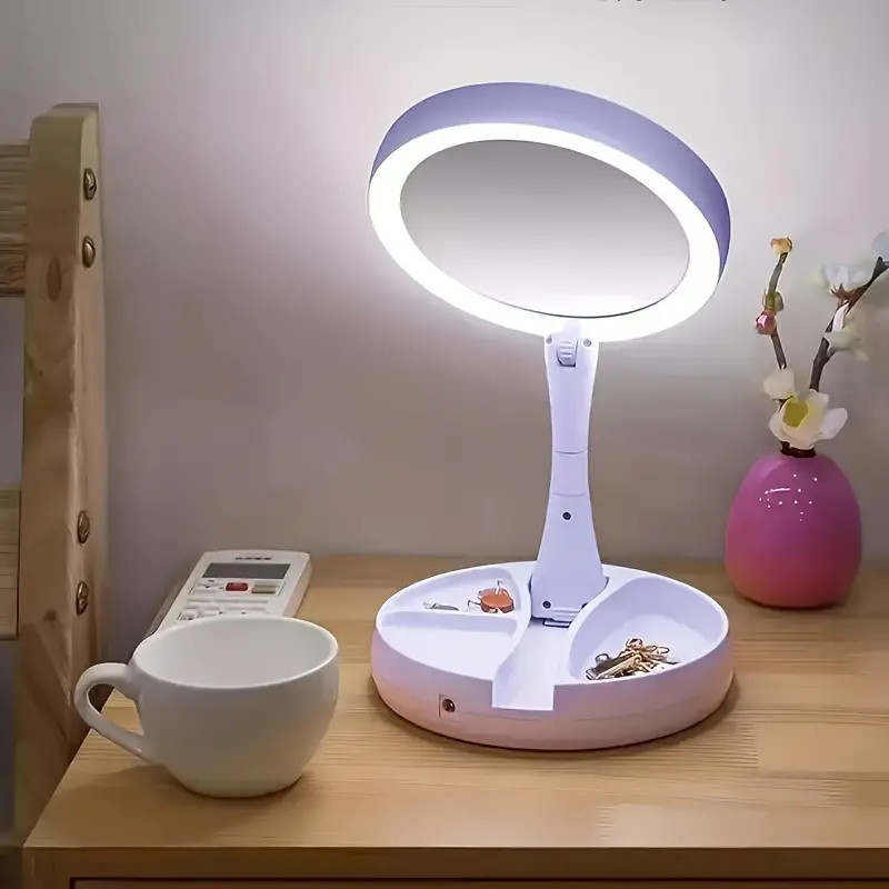 Espelho com aumento de 10x para maquiagem articulável com led com compartimento para utensílios