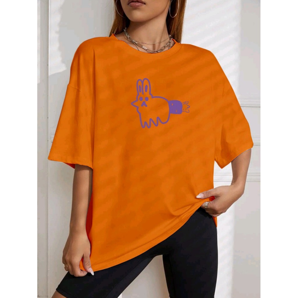 Camiseta Estampada Coelhinho Cenoura Despojada Oversized T Shirt Casual Estilosa Blusa