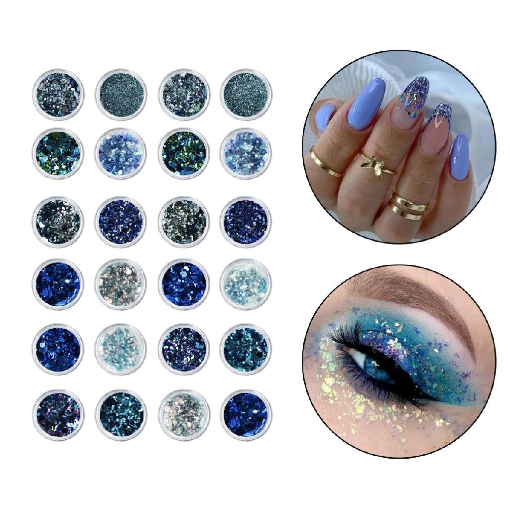 Kit 24 Glitter Decoração Unha Gel Nail Art Maquiagem Azul Manicure Makeup Nail Designer Maquiador