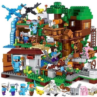 Compatível com Lego 1.000PCS Novos produtos Série Minecraft Selva Cachoeira Steve Tree House Gato Leopardo Selva Meninos em Oferta na Shopee