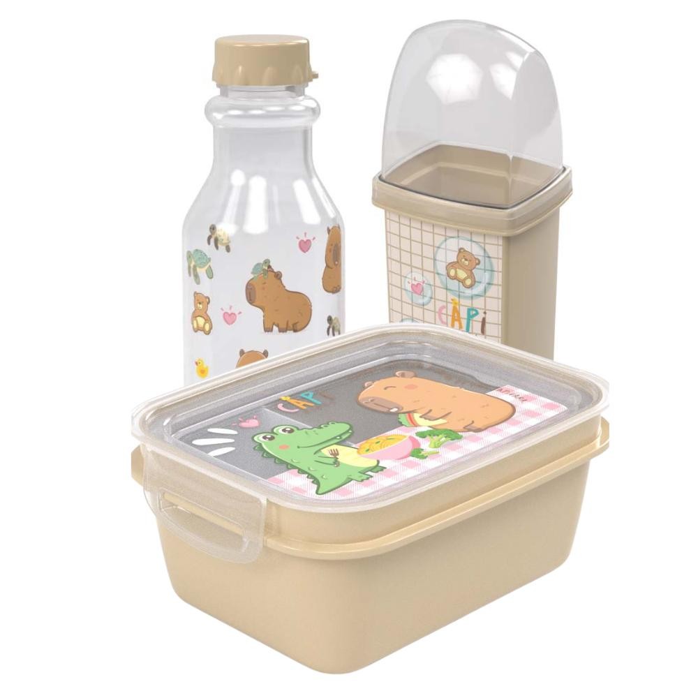 Kit Lancheira Capivara Volta às Aulas 3 Peças 1 Pote Marmita 1 Garrafa 1 Dental Case Plasútil em Oferta na Shopee