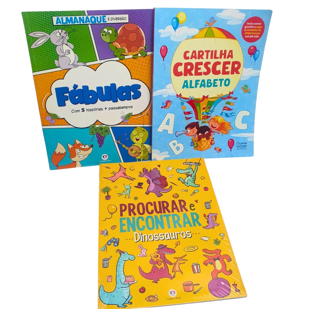 Kit 3 Livros Infantil Apoio Escolar: Cartilha Crescer - Alfabeto + Almanaque Fábulas + Dinossauros - Procurar e Encontra