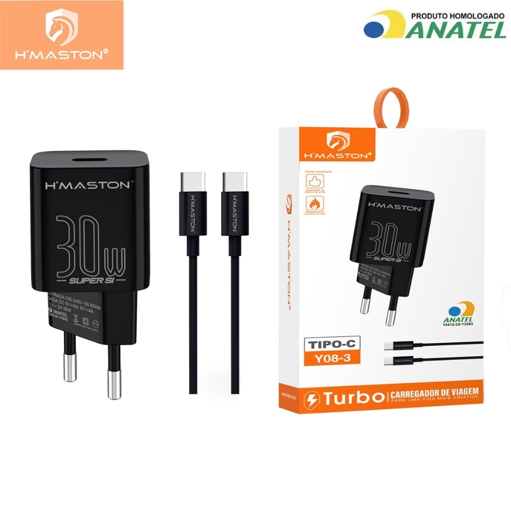 H'maston  Y08 TURBO PD 30W QC 3.0 TIPO C Lightning Carregador