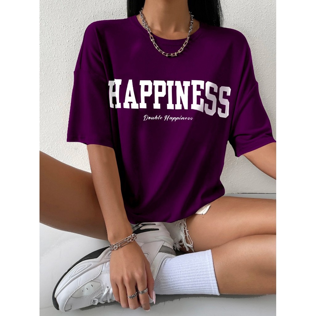 Camisa Roxa Minimalista Estampa Double Happiness Bordada Oversized Plus Size T Shirt Promoção