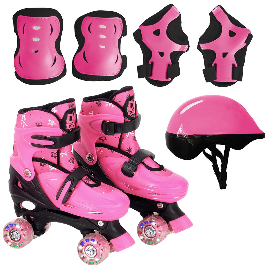 Patins Roller Ajustavel Rosa Com Luz E Acessorios Menina Radical 4 Rodas 6553 - Dm Toys