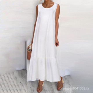 Vestido longo plus size feminino de algodão e linho de cor sólida sem mangas com gola redonda solta retrô