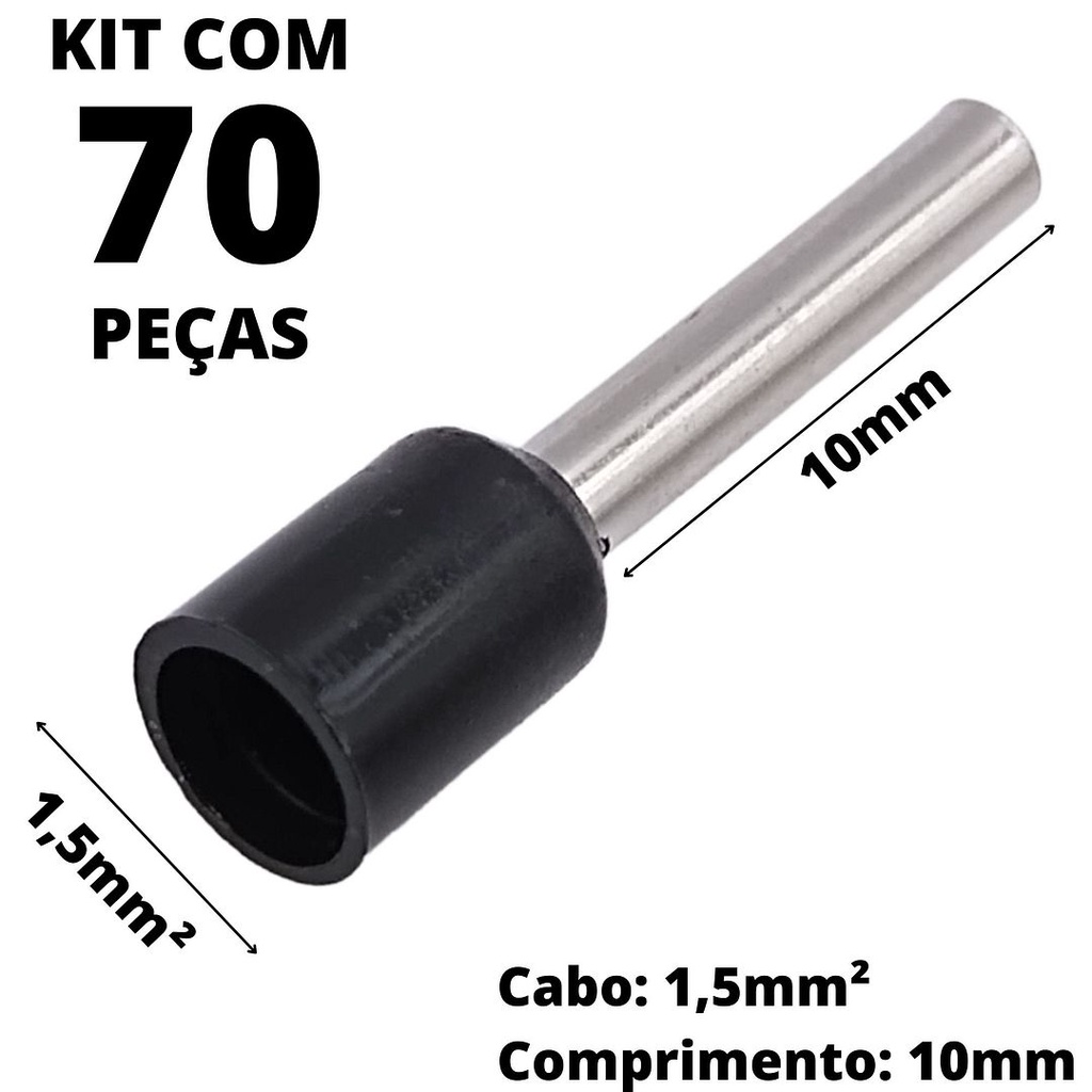 70un Terminal Tubular Ilhós Pré-isolado Simples Para Cabo de 1,5mm² Metal 10mm Preto E1510