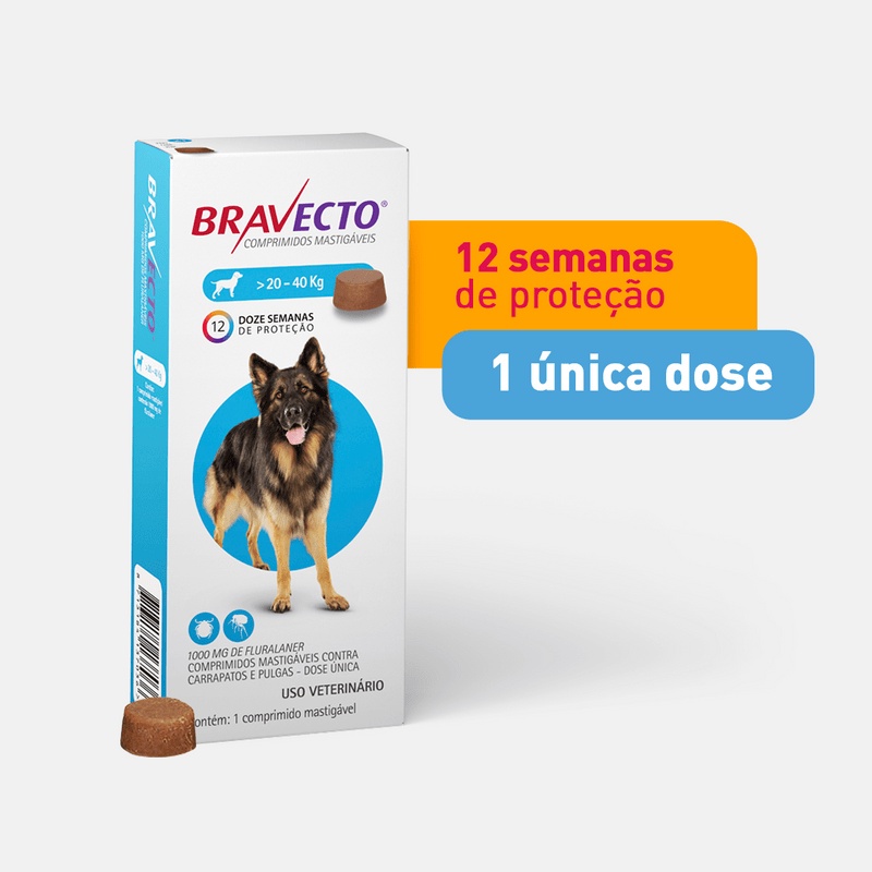 Antipulgas e Carrapatos MSD Bravecto para Cães de 20 a 40kg (1000mg) em Oferta na Shopee