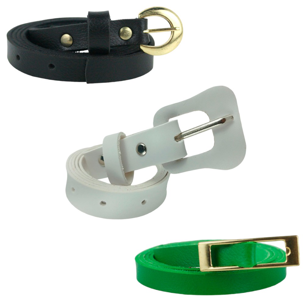 Combo 3 Cintos Feminino De Couro PU, Contém 1 Cinto Preto Com Fivela Delicada Redonda Dourada, 1 Cinto Branco Fivela Violão Com Passante Ajustável E Cinto Fininho Com Fivela Retangular Dourada, Fácil De Combinar, Versátil, Vestido, Saia, Calças