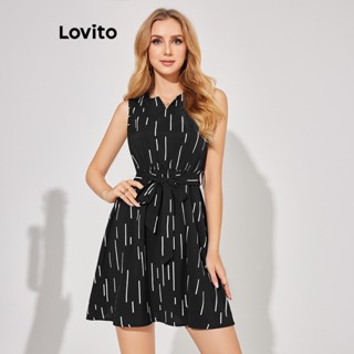 Lovito Casual Vestido Feminino Geométrico com Cinto e Recorte LBE04082 (Preto)