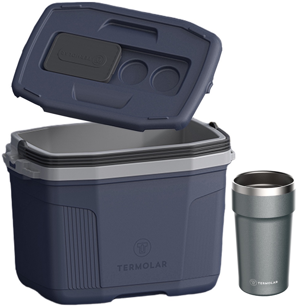 Caixa Cooler Térmico Azul 32L com Copo Inox Térmico Chumbo 500ml Termolar