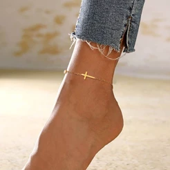 Vnox Cross Zircon Anklet for Women Girl , 18K Gold Corrente De Pé De Fé Em Aço Inoxidável , Jóias Cristalinas
