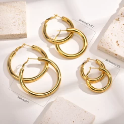 Vnox 30MM 40MM 50MM Brinco De Argola De Tubo Circular Para Menina Feminina , Ouro 18K Aço Inoxidável Minimalista Em Ângulo