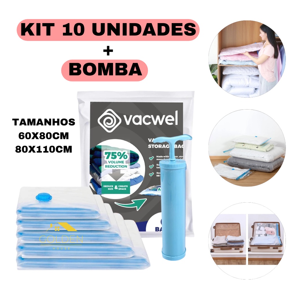 Kit Saco a Vacuo + Bomba Manual Organização de Roupas Mala Viagem Guarda Roupas em Oferta na Shopee