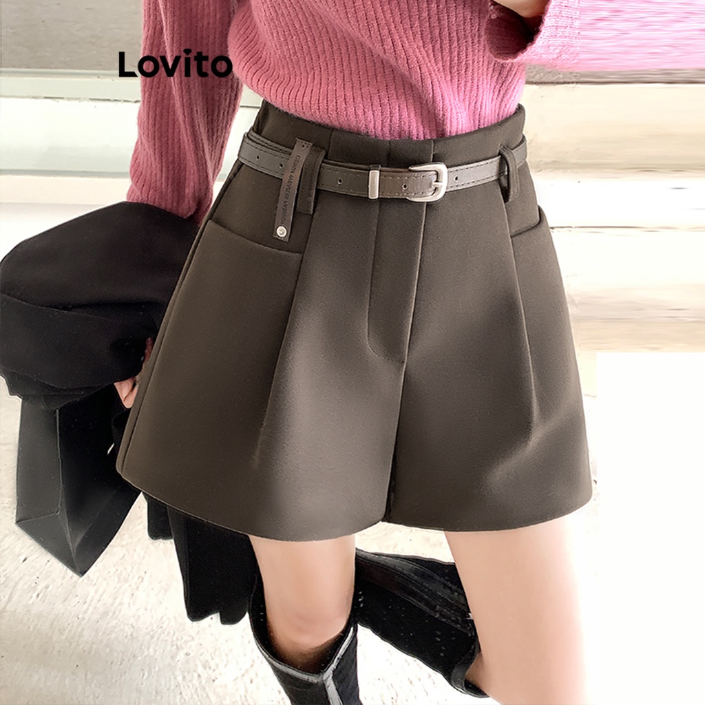 Lovito Shorts Casuais De Bolso Liso Para Mulheres LNA34049 (Café)