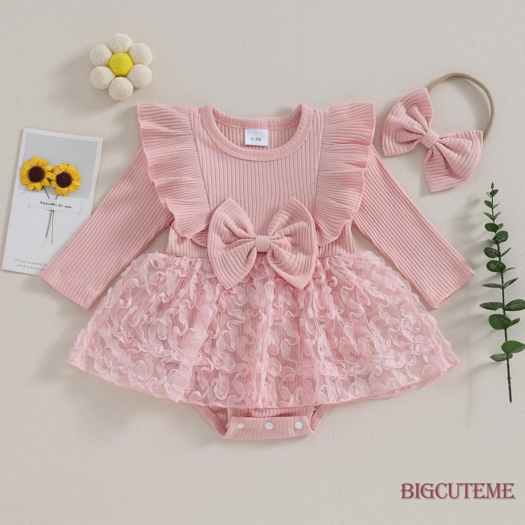 Vestido Macacão para Bebês Meninas de 0 a 18 Meses com Faixa de Cabelo, Manga Longa com Laço e Camadas de Tule com Renda.