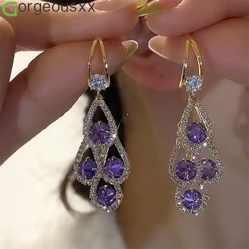 Brincos De Tassel Longo Gotas De Água De Cristal Púrpura Desenho De Acessórios Para Festa De Aniversário De Jóias