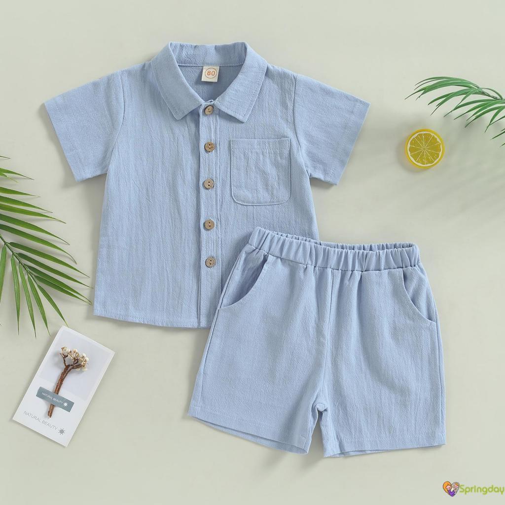 Conjunto de 2 Peças de Verão para Bebês Meninos, cor Sólida Lapela Manga Curta Tops com Shorts