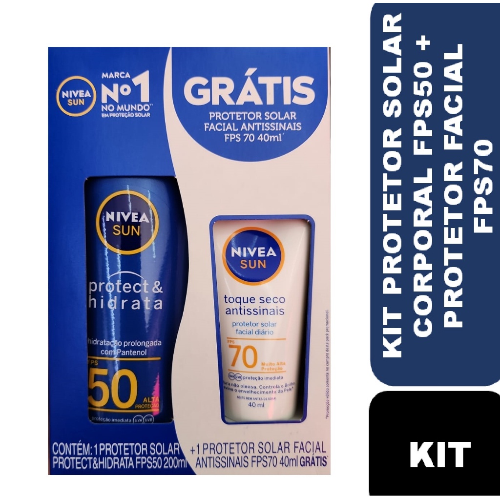 Kit Nivea Protetor Solar Facial FPS70 Antissinais Toque Seco (40g) + Protetor Solar Corporal Protect Hidrata  FPS50 (200