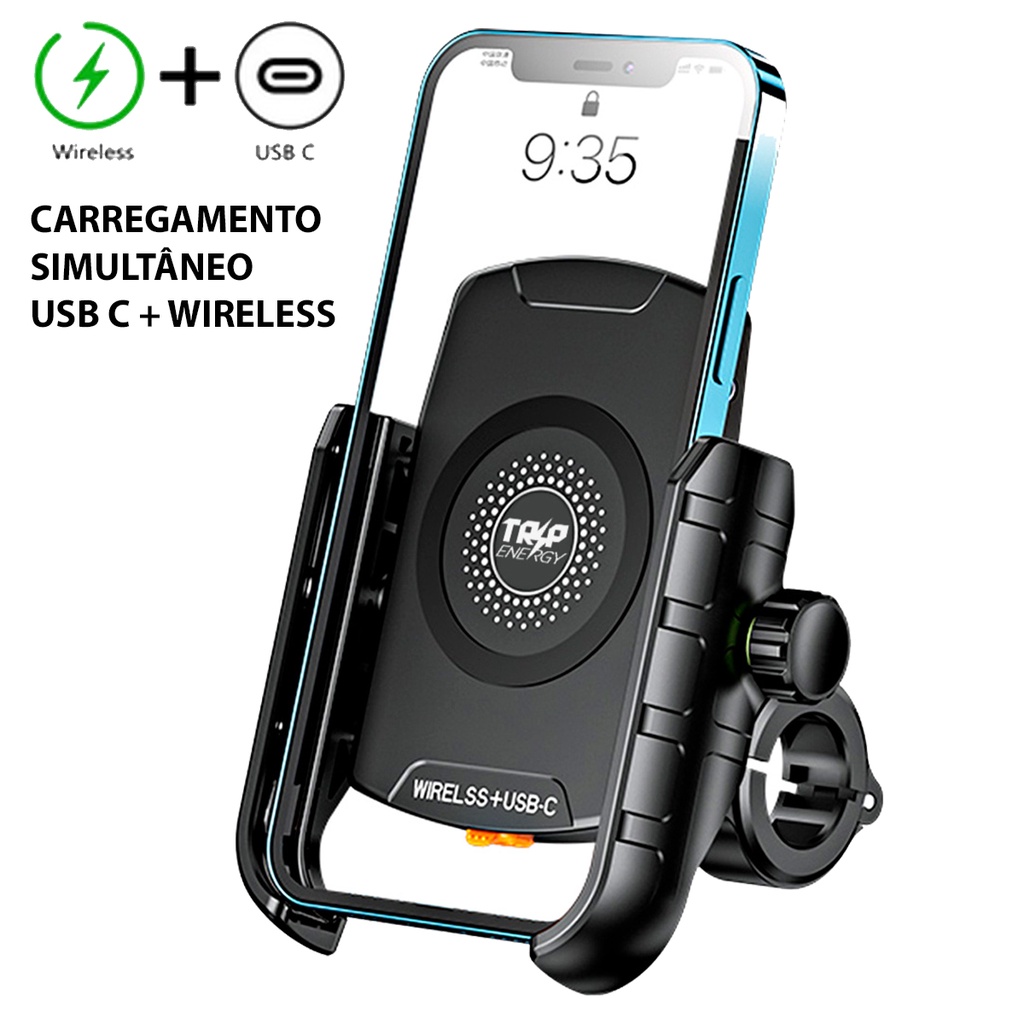 Suporte Celular Moto Carregamento Indução 15W e USBC 20W Fechamento Mecânico
