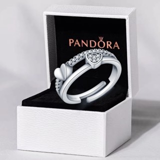 Com Caixa s925 Anel de Prata PAN Anel Duplo Coração Feminino Anel Aberto Anel Ajustável Anel Feminino Jóias requintadas Presente