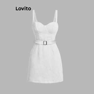 Lovito Elegante Lisa Vestido Feminino Linha Estrutural com Cinto L65ED147 (Branco)