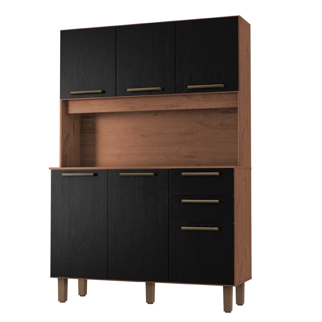 Armário de Cozinha Completa Compacta 6 Portas 2 Gavetas 1,20m Pop Nature / Preto Zanzini em Oferta na Shopee