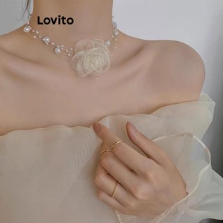 Lovito Glamourosas Flores Florais Pérolas Colares De Malha Para Mulheres LFA08251 (Branco)