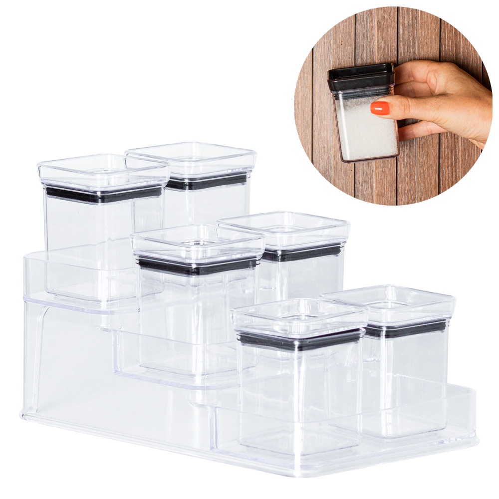 Kit 6 potes pequenos mini Lumini 180ml + suporte porta condimentos temperos ervas empilháveis herméticos para organização de cozinha armário culinária receitas Paramount