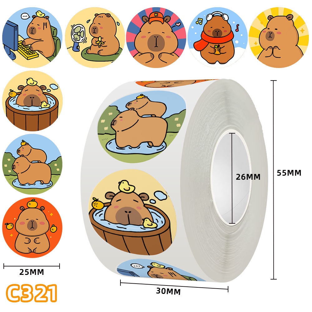 500PCS/Roll Cute Cartoon Gordura Capybara Rolo De Adesivos Para Capacete De Bicicleta Decalques De Lápis LanLanStickersWorld em Oferta na Shopee