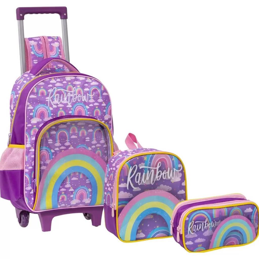 Kit Mochila Rodinha Lancheira Escolar Rainbow ArcoIris Lilas