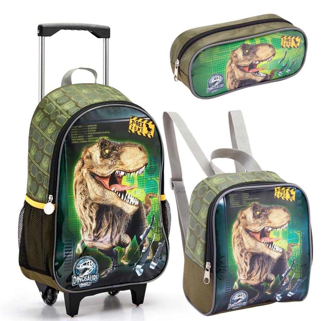 Kit Mochila Rodinha Lancheira Estojo Infantil Escolar Menino Dinossauro Rex Seanite