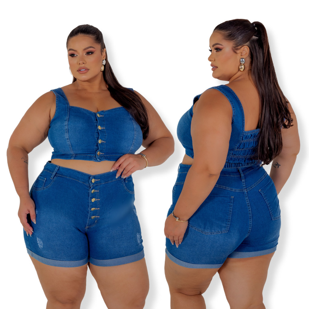 Conjunto Jeans Plus Size Feminino Cropped e Short com lycra em Oferta na Shopee