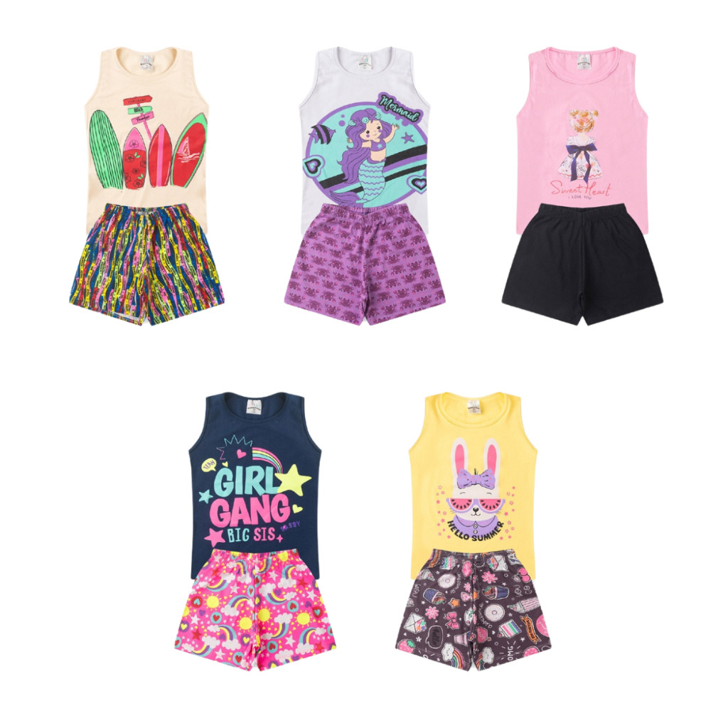 Kit 4 peças Infantil Menina Verão Criança Juvenil Regata 2 Blusa 2 Short de Algodão Tamanho 1 ao 14