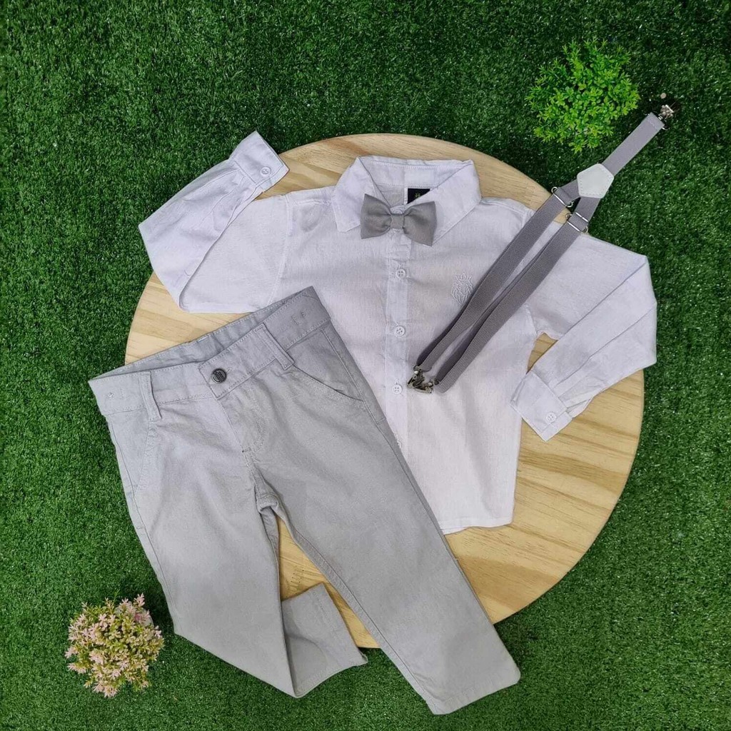 Calça Cinza com Camisa Manga Longa Branca e Kit Gravata e Suspensório Cinza Infantil