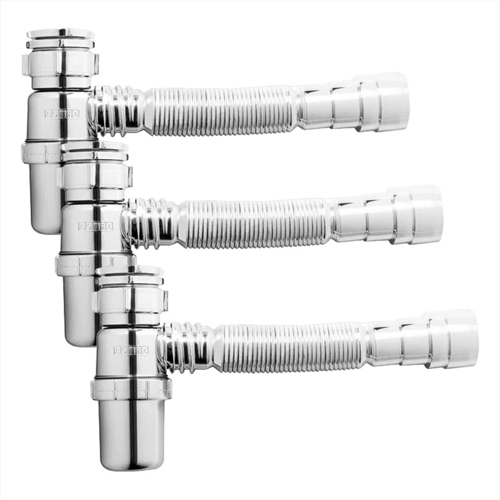 Kit 3 Sifão Copo Sanfonado Flexível Tubo Cromado Astra